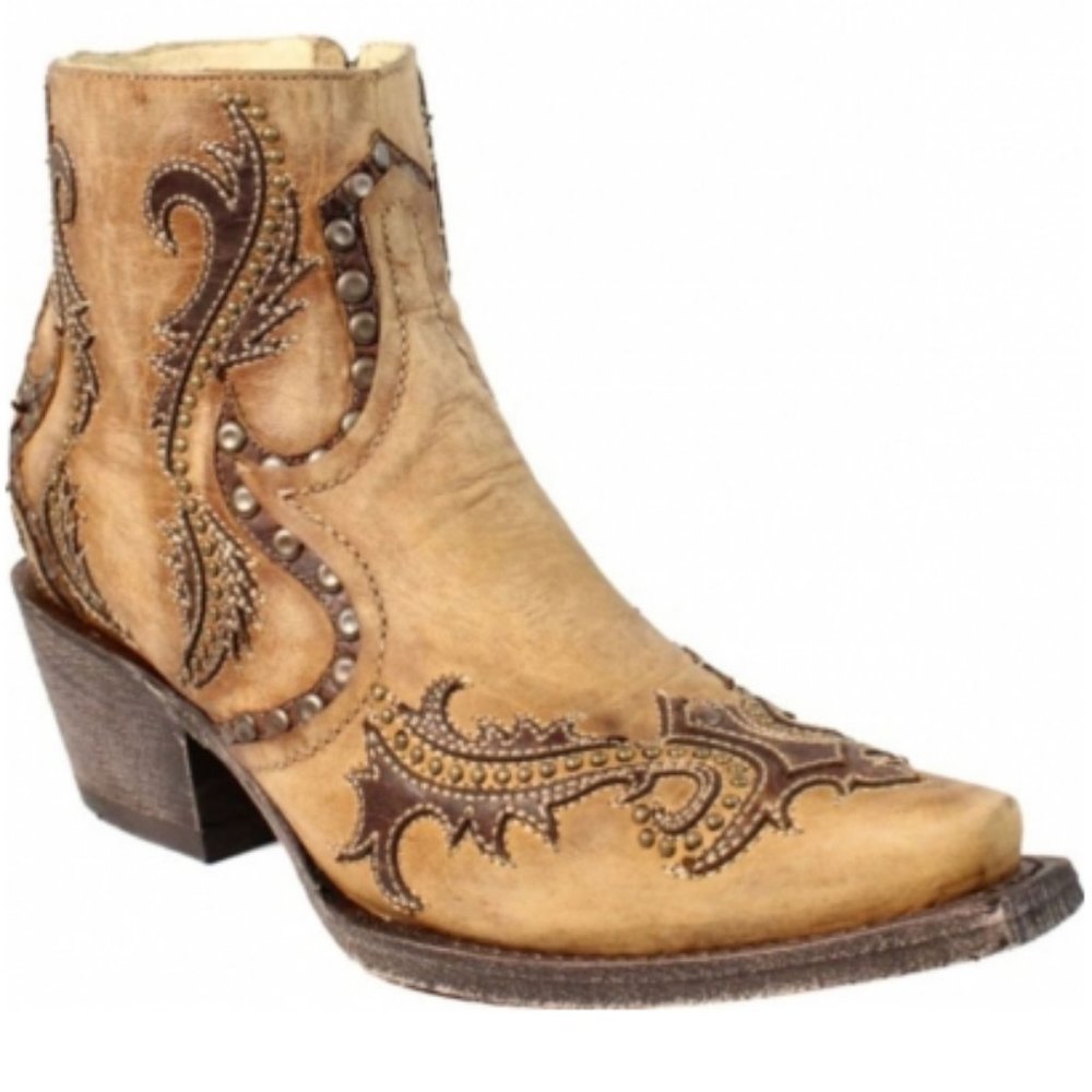 Corral Womens Tan Studs And Overlay Ankle Western Boot G1382 US8